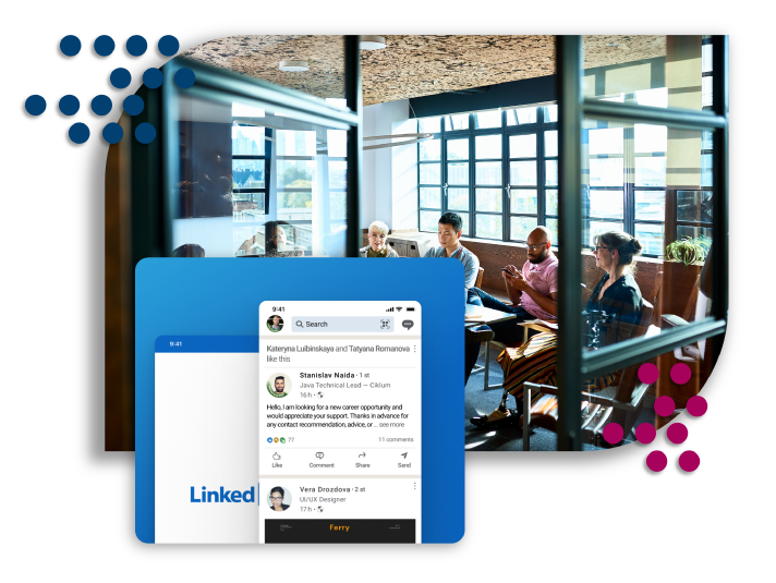 Office meeting with LinkedIn UI on top.