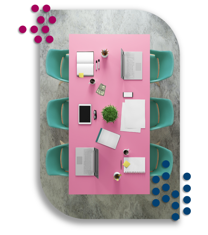 Pink conference table.